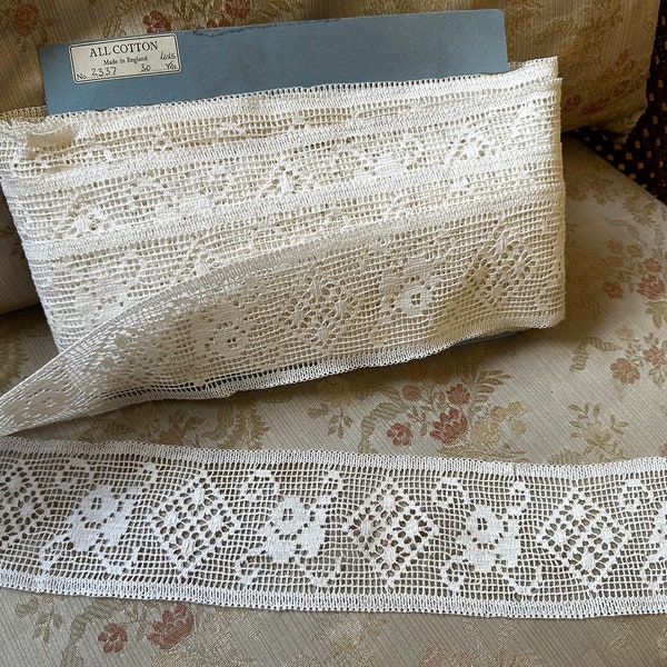 Vintage White Cotton Filet Lace, 8cm Wide Lace, Lace for Sewing Projects, Period Costumes, Vintage Haberdashery