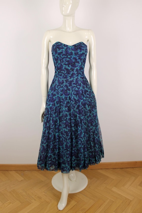 1950s vintage formal dresses Unique Vintage 1950s Teal Sweetheart Swing Dress M/8-10