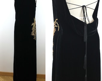 1990s Vintage LA PERLA Open Back Black Silk Velvet Dress with Golden Embroidery, Vintage Haute Couture Dress