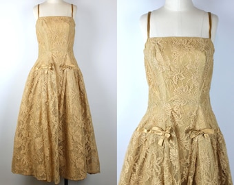 1950s Vintage Beige Lace Dress, Vintage Couture Dress, Italian Vintage Gown