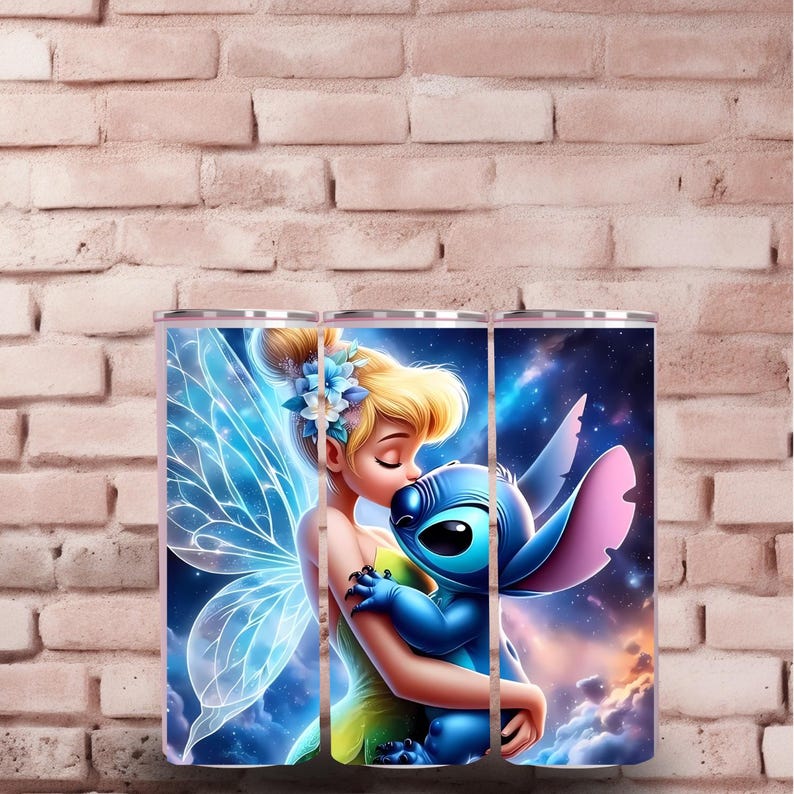 May include: A blue and pink cartoon character with large eyes and a blue and white fairy with wings and a green dress. The fairy is kissing the cartoon character on the cheek. The background is a dark blue with stars and clouds.