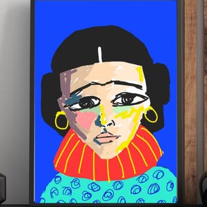 May include: Abstract art print featuring a portrait of a person with black hair and large yellow hoop earrings. The person has a red and yellow striped collar and a blue top with a swirl pattern. The background is a solid blue.