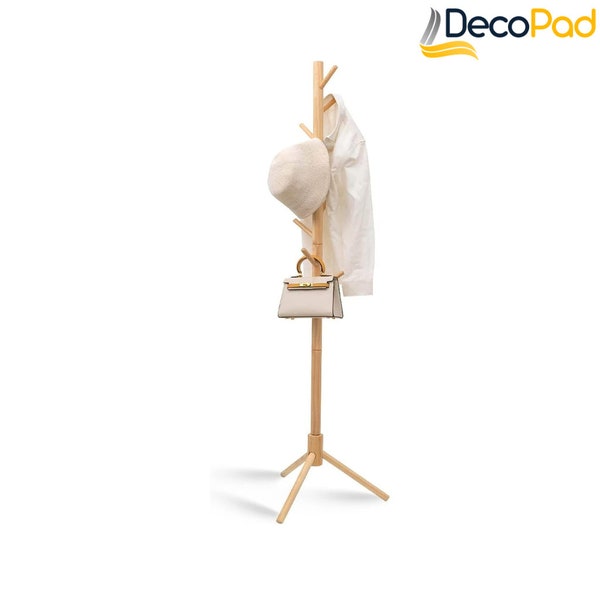 Wooden Coat Rack | Modern clothing rack | Natural Solid Wooden Coat Tree With 8 Hooks | Adjustable Height Floor Hanger rack for Home