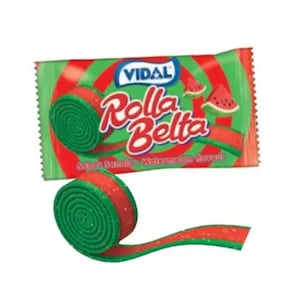 May include: A packet of Vidal Rolla Belta watermelon flavoured candy. The packet shows a green and red candy roll and a slice of watermelon. The candy roll is green with a red stripe and is rolled up.