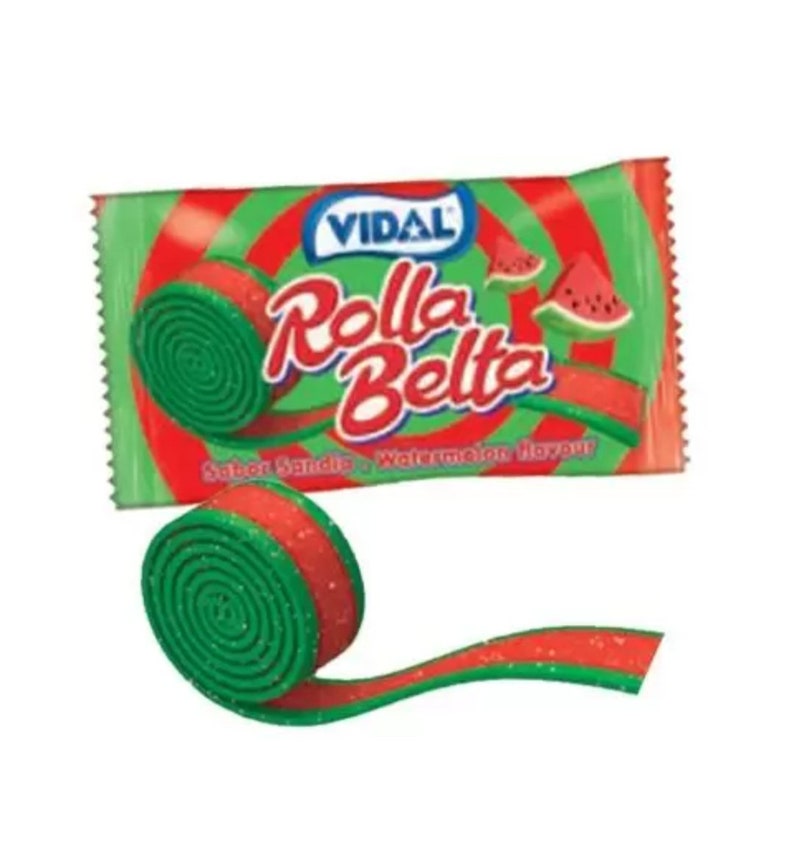 May include: A packet of Vidal Rolla Belta watermelon flavoured candy. The packet shows a green and red candy roll and a slice of watermelon. The candy roll is green with a red stripe and is rolled up.