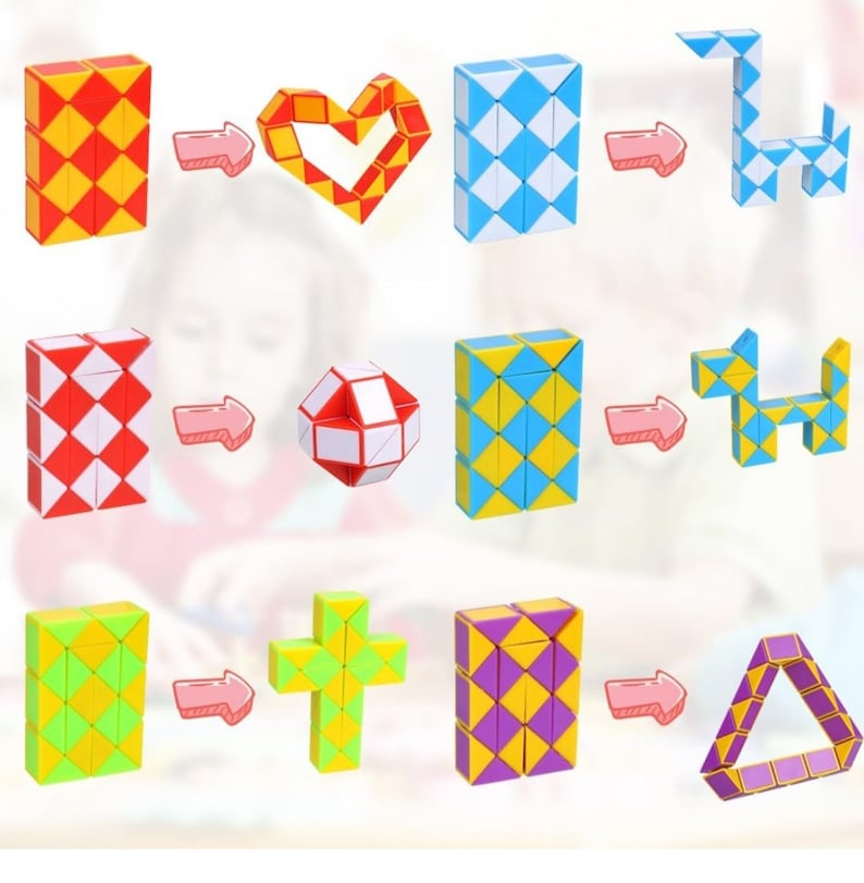 May include: A set of colourful, flexible puzzle tiles that can be arranged into different shapes, including a heart, a ball, a dog, a cross, and a triangle. The tiles are made of plastic and have a diamond pattern.