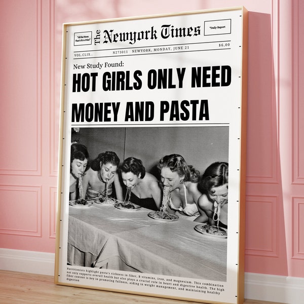 Woman Eating Pasta, Newspaper Print, Vintage Retro Poster, Girly Prints, Pasta Girls, Vintage Wall Art, New York News Poster, Y2K Decor