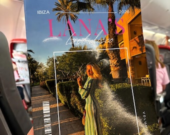 May include: A magazine template titled Lana's Last Disco, Ibiza 2026, featuring a photograph of a person in a green and white crochet dress standing on a stone path with palm trees. The cover includes the text Girls Trip Mrs Davies To Be.