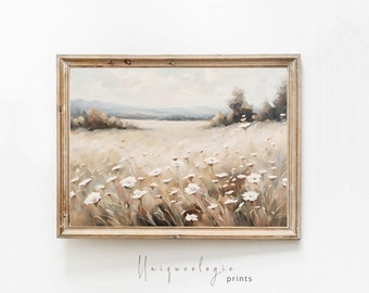Neutral Wildflower Field Landscape Wall Art, Vintage Oil Painting Print, Vintage Floral Decor, Rustic Landscape Print, Countryside Landscape