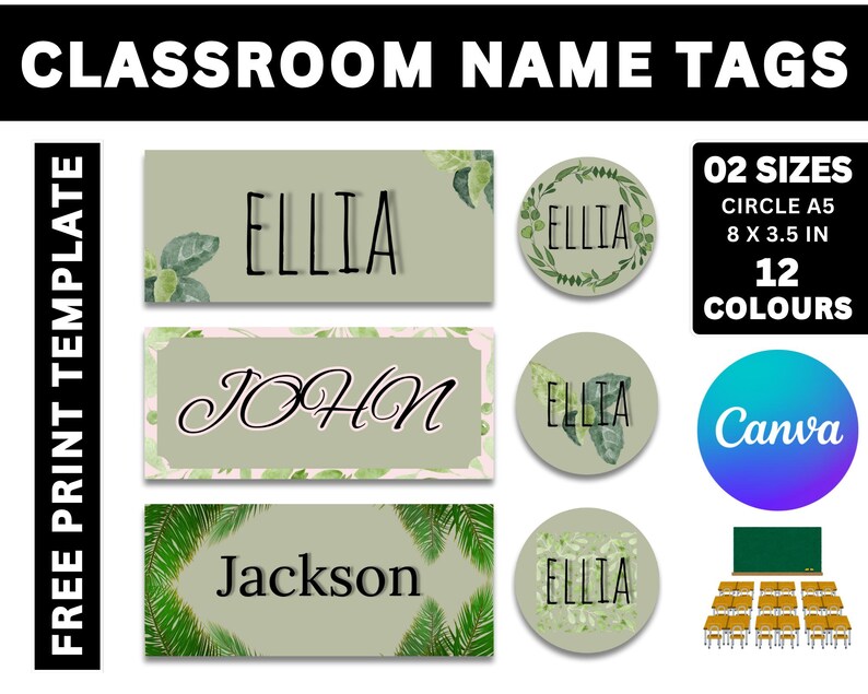 Classroom Name Tags Template Eucalyptus Greenery Botanical Editable