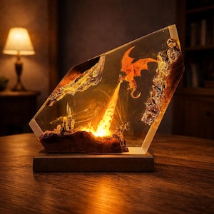Lámpara de resina con dragón que escupe fuego, luz nocturna de dragón de fantasía, lámpara de mesa hecha a mano, decoración para sala de juegos, regalo único para él, decoración de Halloween