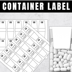 May include: A clear plastic container filled with white oval pills, next to sheets of blank container labels with barcodes. The text "CONTAINER LABEL" is displayed in bold, black letters at the top of the image.