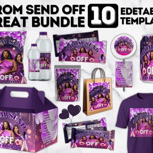 Emballage de gâterie pour le bal de promo, Lot de modèles pour le bal de promo, Gâteries d'envoi pour le bal de promo rose et violet, Bundle party en toile, Étiquettes personnalisées pour l'eau, Sac à chips
