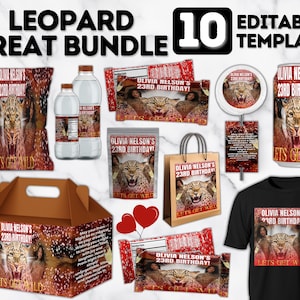Party Pack , Birthday Bundle, Teen Adult Birthday Party Favor, Party Hat Template, Party Pack, Birthday SZN Editable Templates, Cheetah Red