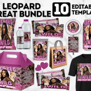 Party Pack , Birthday Bundle, Teen Adult Birthday Party Favor, Party Hat Template, Party Pack, Birthday SZN Editable Templates, Cheetah Pink