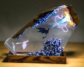Lámpara de resina con pareja de dragones, luz nocturna de fantasía con resina epoxi, lámpara romántica LED de madera, regalo personalizado para mamá, decoración única para el hogar.