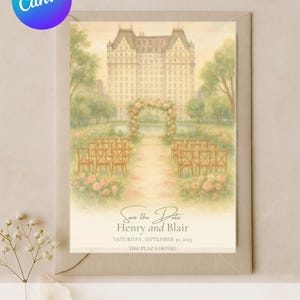 Plantilla de reserva de fecha en Canva, elegante invitación de boda en hotel, lugar de celebración de bodas en el jardín de Nueva York, plaza, boda en Beverly Hills, estilo Ritz, imprimible, descarga