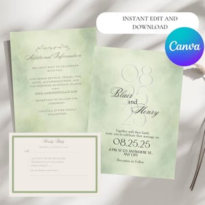 Wedding Invitation Template Canva Editable Sage Green Minimalist Wedding Invite Printable Modern Elegant Classic Digital Download Whatsapp