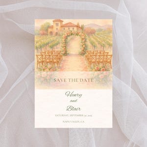 Vineyard Wedding Save the Date – Watercolor Winery Venue – Napa, Virginia, or NY Wine Country – Digital Download – Romantic & Elegant