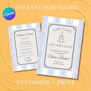Last Toast On The Coast Bachelorette Itinerary, Beach Bachelorette Party Invitation, 30A Bachelorette Invitation, Editable Canva Template