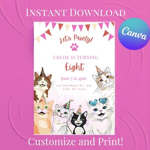 Lets Pawty Cat Invite Birthday Invitation Template Kitty Birthday Bday Invite Printable Cat Party Instant Download Bday Invite Template