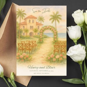 Modèle sur toile « Réservez vos dates » pour mariage sur une plage tropicale Key West Mariage à destination de la côte Caraïbes Style Palm Beach