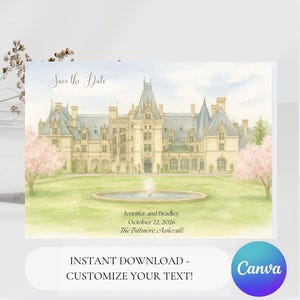 Plantilla para guardar la fecha en Biltmore Estate, Asheville, NC, lugar para bodas en un castillo, invitación, postal editable de Canva, descarga instantánea