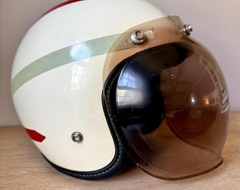 Vintage 1970s Pro-Fit DOTPRO-500 Motorcycle Helmet | Bubble Visor | Retro Racing Stripe | Distressed Collector Display