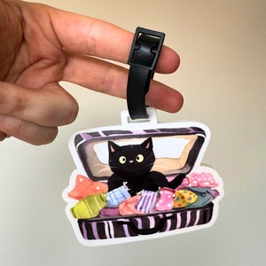 水彩猫の荷物タグ、気まぐれな子猫のスーツケースアート、猫好きへのギフト、ペットオーナー向け旅行用品、黒猫、母の日