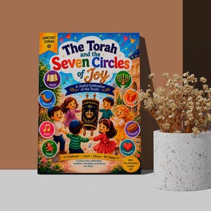 May include: A rectangular book titled The Torah and the Seven Circles of Joy with a colourful illustration of children dancing around a Torah scroll. The cover features various circular icons representing themes like music, tradition, and friendship.