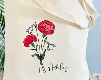 Personalized Birth Flower organic cotton tote bag,Mothers day gifts,Bridesmaid gifts,Easter,Gifts for her,Customized tote bags,Aesthetic.