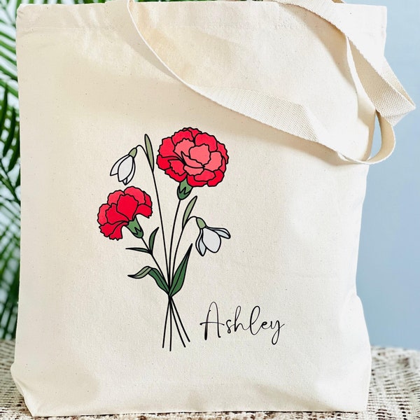 Personalized Birth Flower organic cotton tote bag,Mothers day gifts,Bridesmaid gifts,Easter,Gifts for her,Customized tote bags,Aesthetic.