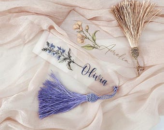 Custom Birth Flower Bookmark: Personalized Acrylic Name Bookmark with Tassel