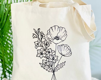 Personalized Birth Month Flower Canvas Tote Bag for Every Use Bach party Bridesmaid Gifts Gift for Mother Birthday gift for friend floral