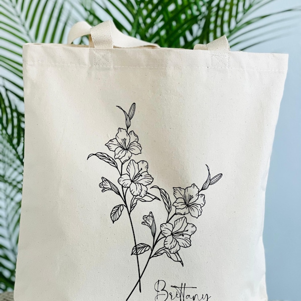 Personalized Birth Month Flower Canvas Tote Bag for Every Use Bach party Bridesmaid Gifts Gift for Mother Birthday gift for friend floral