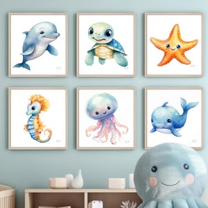 Sea Animals - Dolphin, Whale, Jellyfish, Turtle - Watercolour Nursery Prints