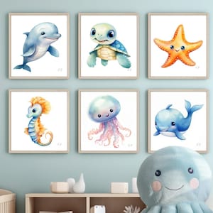 Lindos estampados de animales marinos / Carteles para niños / Impresión de vivero de medusas / Arte de pared para niños pequeños / Obras de arte para niños / Impresión de ballenas / Sala de juegos