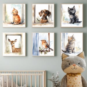 Niedliche Fenstertiere - Hund, Katze, Vogel, Reh, Dackel, Reh, Reh, Dackel - Aquarell Poster