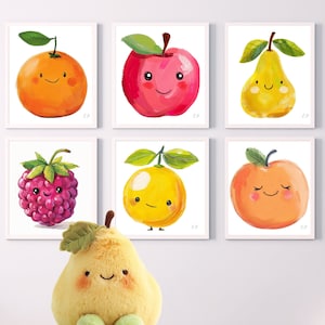 Niedliche Früchte Drucke | Kinder Obst Poster | Fröhliches Kawaii Kinderzimmer | Wandkunst für Kleinkinder | Kunstwerk für Kinder | Poster fürs Kinderzimmer | Spielzimmer
