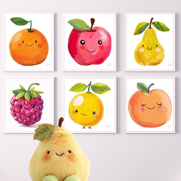 Cute Fruits Prints | Children Fruits Posters | Happy Kawaii Nursery | Wall Art for Toddlers | Artwork for Kids | Nursery Prints | Playroom