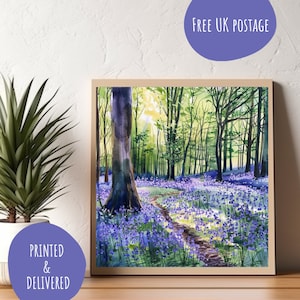 Aquarela Bluebell Woods | Decoração para casa | Arte na floresta de Bluebell | Impressão de Bluebells
