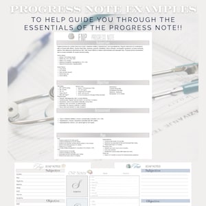 Può includere: Un modello di nota di avanzamento medico bianco e blu con il testo "PROGRESS NOTE EXAMPLES" e "ESSENTIALS OF THE PROGRESS NOTE!!". Il modello include sezioni per soggettivo, obiettivo, valutazione e piano.