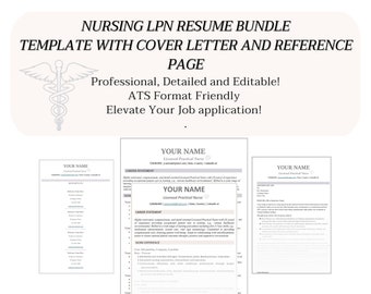 Nursing Resume LPN Template ATS Friendly. Cover Letter, Resume, Reference Page tailored for Nurses! Resume Bundle Digital Download.