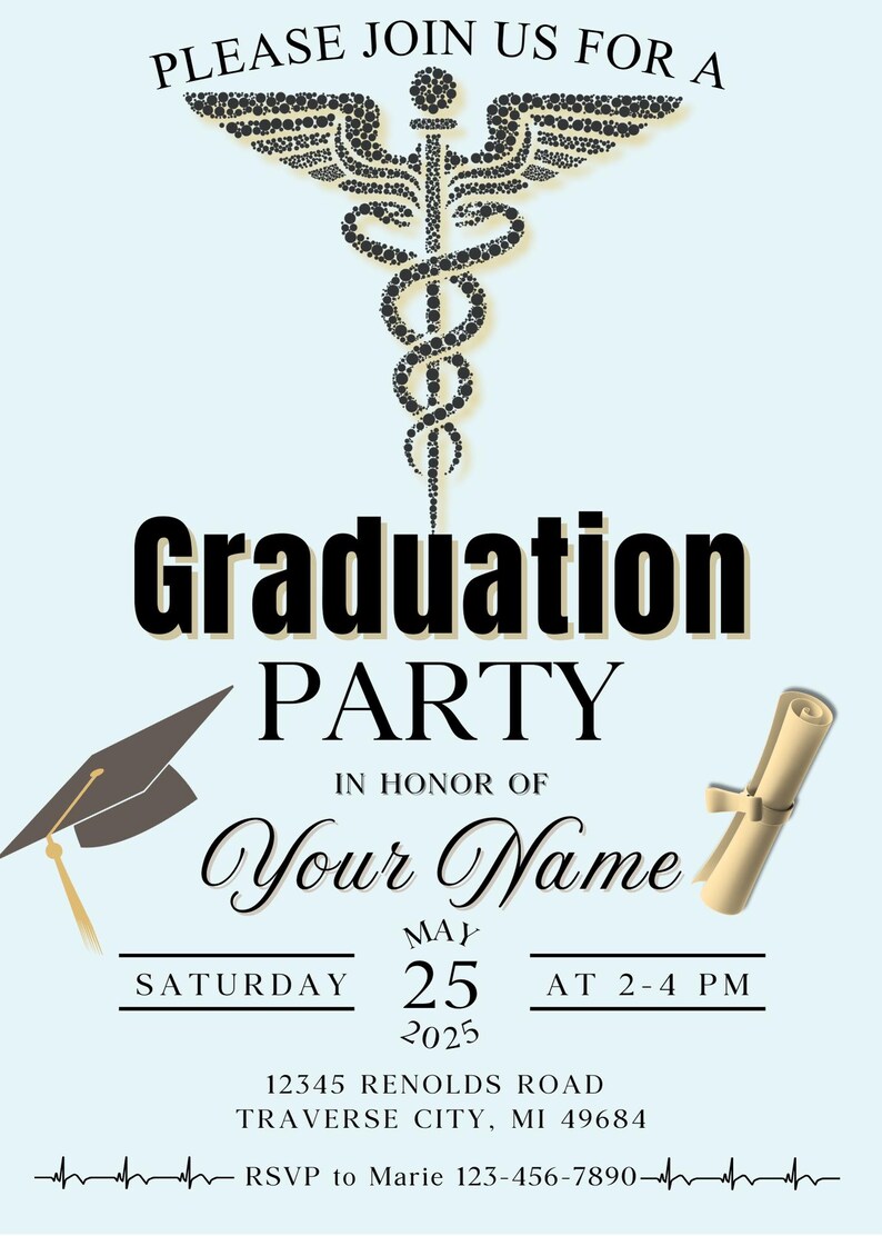May include: A light blue graduation party invitation with a caduceus symbol at the top. The invitation includes the words "Graduation Party" and details such as the date, time, and location. A graduation cap and diploma are also featured.