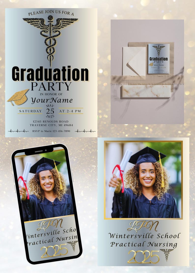 May include: Graduation party invitation with gold accents. The invitation includes the text "Graduation Party" and "In Honor of Your Name". The invitation also includes the date, time, and location. A photo of a graduate is also included.