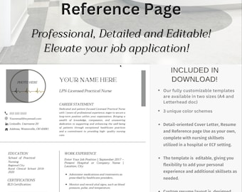 Plantillas de currículum para enfermero/a con licencia (LPN): Carta de presentación y referencias (Canva editable, descarga digital)
