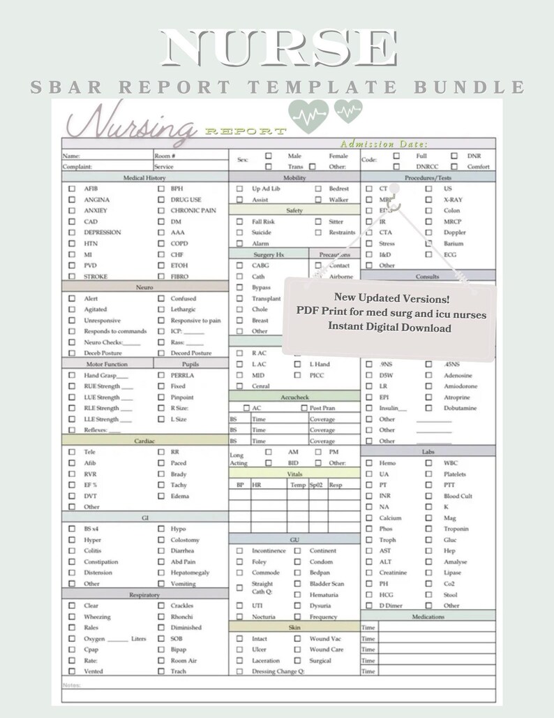 Icu Sbar Example SBAR Nursing Report Template: Med Surg ICU (printable PDF) - Etsy
