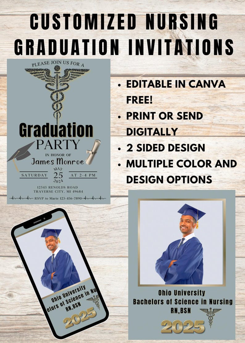 May include: Customized nursing graduation invitations with text. The design includes a graduation party invitation with a caduceus symbol, a photo of a graduate, and the text "Ohio University Bachelors of Science in Nursing RN, BSN 2025."