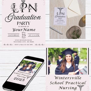 May include: A collection of graduation announcements and a smartphone displaying a graduation announcement. The announcements feature the text "LPN Graduation Party" and "Wintersville School Practical Nursing 2025" with a caduceus symbol, in a pink and white design.