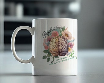 Taza de café de NP psiquiátrica: diseño floral cerebral, regalo de PMHNP